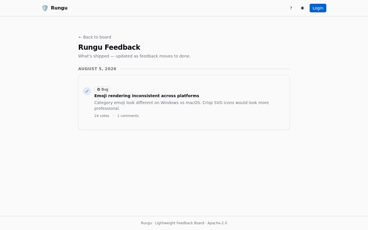 Rungu changelog view listing shipped updates