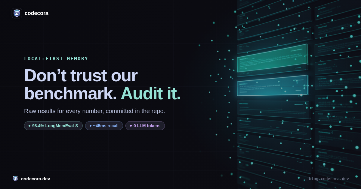 Dark thumbnail: headline Don't trust our benchmark. Audit it. over a memory-bank motif with two glowing result records; pills show 98.4% LongMemEval-S, 45ms recall, 0 LLM tokens.