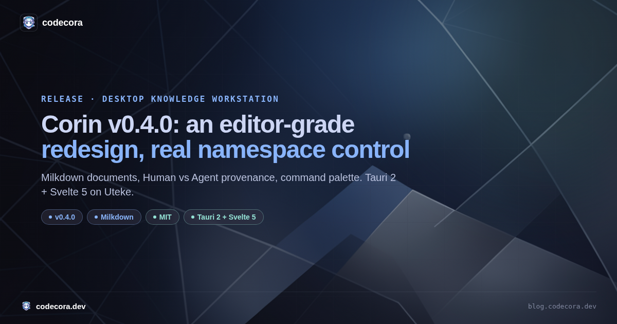 Corin v0.4.0 release thumbnail: editor-grade redesign headline with Milkdown, provenance, and command palette pills on a navy faceted background