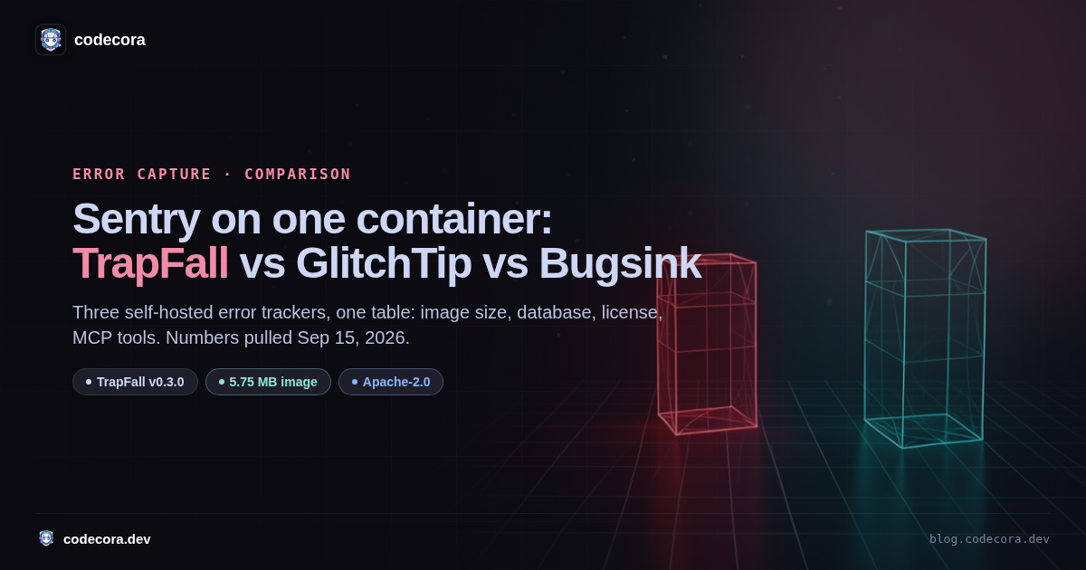 Thumbnail with the headline Sentry on one container: TrapFall vs GlitchTip vs Bugsink, two wireframe containers on a dark grid