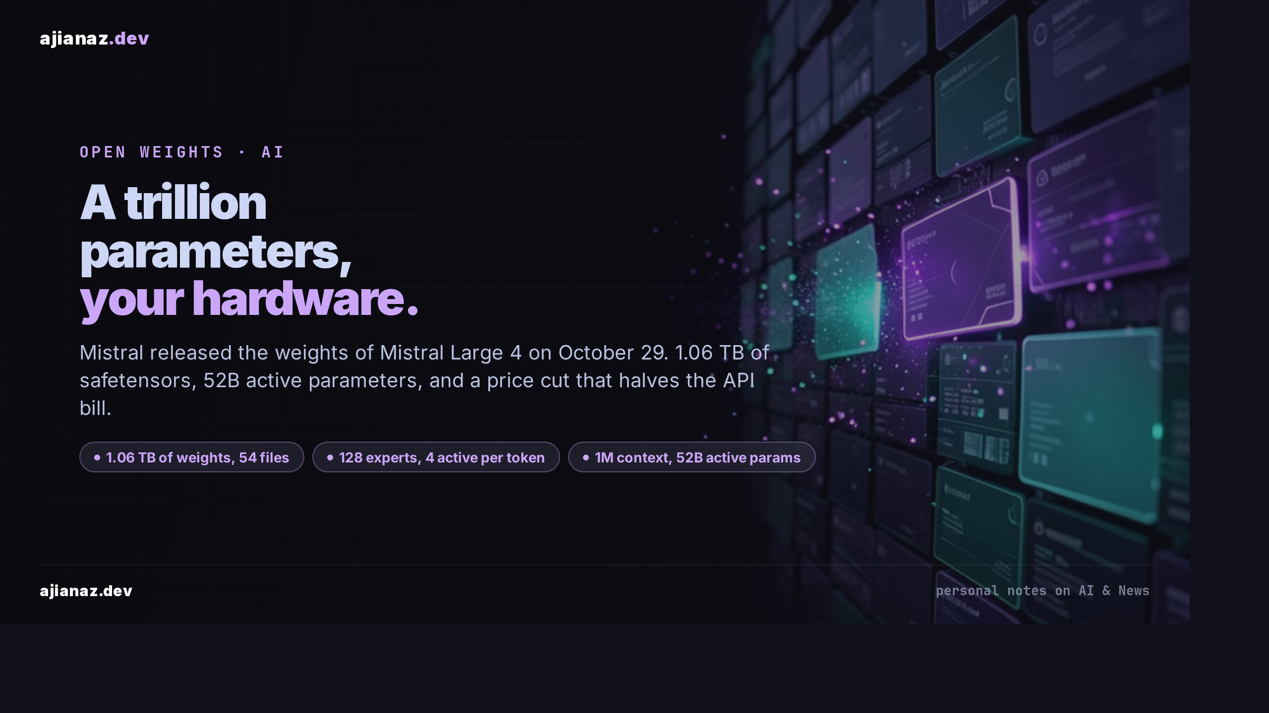Dark ajianaz.dev thumbnail: headline a trillion parameters, your hardware, with pills for 1.06 TB of weights, 128 experts with 4 active per token, 1M context at 52B active params.