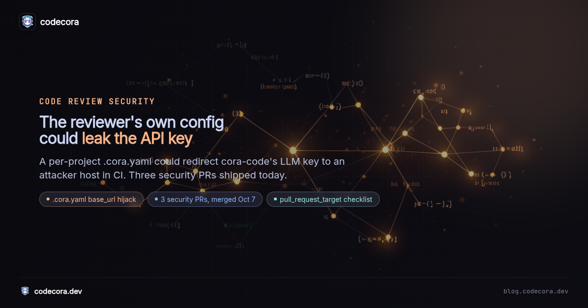 Headline graphic: a reviewer config that could leak an API key in CI, three security PRs merged October 7, and a pull_request_target checklist.